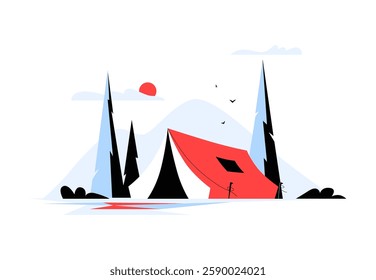 Camping Tent With Mountains And Trees In Flat Vector Illustration Symbolizing Outdoor Adventure, Wilderness Exploration, And Nature Getaway, Isolated On White Background.