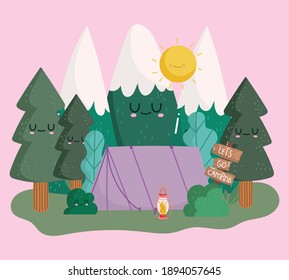 acampada montañas árboles naturaleza forestal en diseño de dibujos animados ilustración vectorial