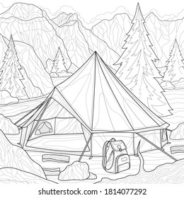 
Camping. Tent in the mountains.Landscape.Coloring book antistress for children and adults. Illustration isolated on white background.Black and white drawing.Zen-tangle style.