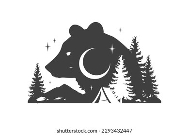 Camping tent nature halt expedition bear silhouette double exposure effect vintage logo design vector illustration. Camp night forest spruce tree mountain half moon travel adventure tourism icon