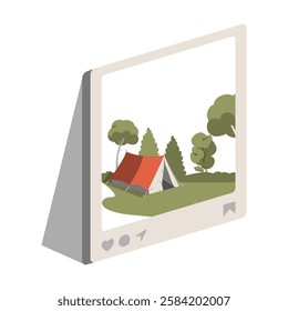 Camping Tent In Nature Photo Frame In Flat Vector Illustration Symbolizing Outdoor Adventure, Hiking, And Travel Memories, Isolated On White Background