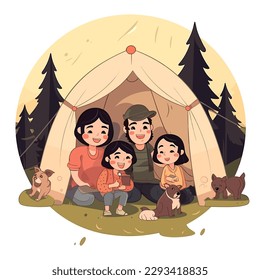 Camping in a tent in nature. Summer holiday adventures in a tent. Cartoon vector illustration. label, sticker, t-shirt printing