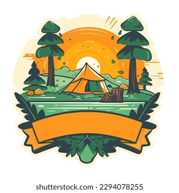 Camping in a tent in nature. Summer holiday adventures in a tent. Cartoon vector illustration. label, sticker, t-shirt printing