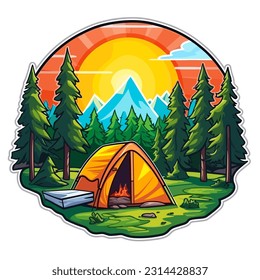 Camping in a tent in nature. Summer holiday adventures in a tent. Cartoon vector illustration. label, sticker, t-shirt printing