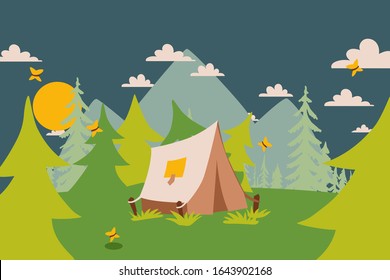 Camping tent in nature, vector illustration. Simple landscape with trees and mountains, summer campsite on forest clearing. Outdoor camping scene, active tourism tent, hiking and backpacking in nature