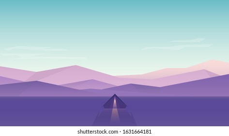 Camping in the tent in nature. Vector modern flat landscape, light inside and long shadow. Illustration with sunset view in purple, green, violet and pink colors. Flat design.