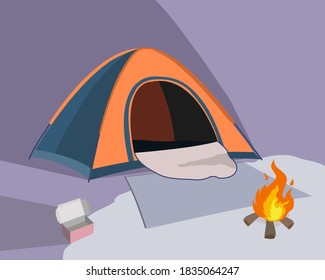 Camping tent near the campfire on a dark night, vector illustration 