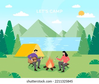 Camping tent near the lake and mountains. happy girl and boy, Summer or spring landscape. Tourist camp with picnic spot and tent among forest, mountain landscape. Modern flat design illustration.