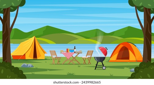 Camping tent near the lake and mountains. Summer or spring landscape. Cartoon tourist camp with picnic spot and tent among forest, mountain landscape. Vector illustration in flat style