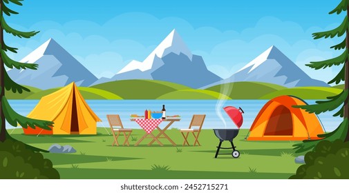 Camping tent near the lake and mountains. Summer or spring landscape. Cartoon tourist camp with picnic spot and tent among forest, mountain landscape. Vector illustration in flat style