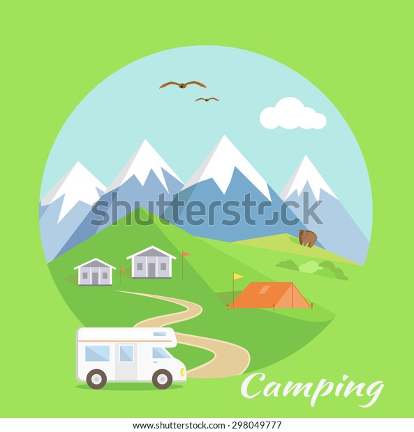 Camping tent near the mountains in the background.\
Motorhome car traveling on the road to the mountains. Can be used\
for web banners, marketing and promotional materials, presentation\
templates 