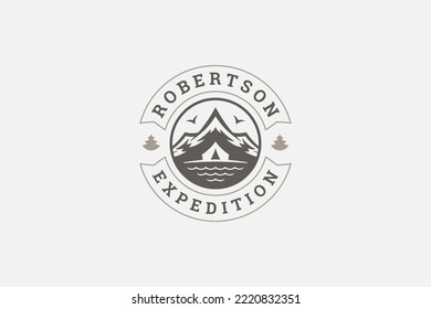 Camping tent near sea lake mountain landscape seagulls circle vintage logo design template vector illustration. Camp exploration climbing hiking adventure scout freedom scenery brand marketing