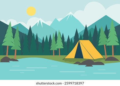 Camping tent near water in forest against beautiful mountains background. Yellow tent outdoors in mountainous area. Hiking tent. Hiking and travel concept. Vector illustration.