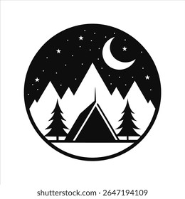 Camping Tent in Night Forest Silhouette Vector
