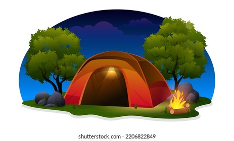 Camping tent at night with light campfire, green grass, trees and stone vector illustration