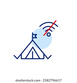 Camping tent and no wi-fi symbol. Digital detox, disconnected remote tourism. Pixel perfect, editable stroke icon