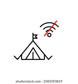 Camping tent and no wi-fi symbol. Digital detox, disconnected remote tourism. Pixel perfect vector icon