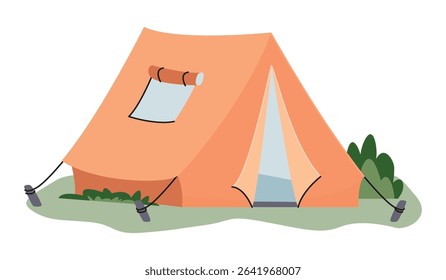 Camping tent on the lawn. Cartoon object isolated on white background. A stretched tent with an open window and entrance. Vector design for use in card, banner, poster. Flat color illustration.