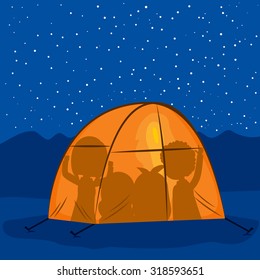 Camping in tent on night with human shadow silhouettes inside under stars on blue sky