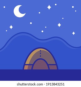 Camping tent on night landscape, sleeping under the stars. Outdoor travel vector illustration in simple flat cartoon style.