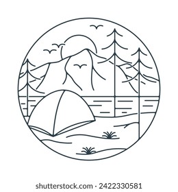 camping tent with outdoor nature view line style with circle  logo vector icon symbol design template