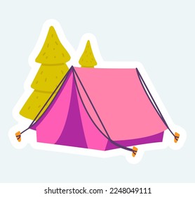 Camping tent for outdoors rest in forest, trekking equipment. Vector illustration in cartoon sticker design