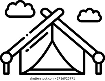 Camping Tent Outline Icon with Clouds