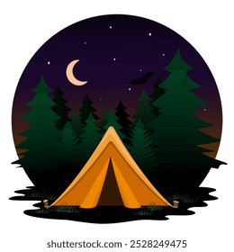 Camping tent in peaceful nighttime forest under crescent moon and stars. Isolated circular design, perfect for outdoor, adventure, travel. Minimalist style, ideal for posters, web design, or stickers.