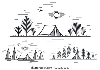 Camping Tent In Pine Forest Vector Linear Illustration Isolated On White, Holidays And Vacations In Woods Line Art, Design Wanderlust Drawing.