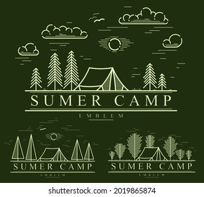 Camping tent in pine forest vector linear emblem on dark, holidays and vacations in woods theme line art drawing, design wanderlust logo.