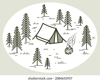 Camping tent in pine forest vector linear illustration isolated on white, holidays and vacations in woods line art, design wanderlust drawing.