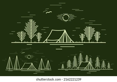 Camping tent in pine forest vector linear illustration on dark, holidays and vacations in woods theme line art drawing, design wanderlust.