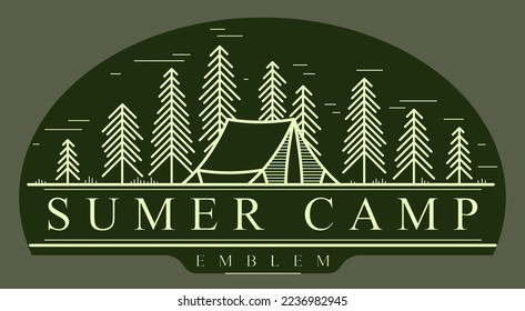 Camping tent in pine forest vector linear emblem on dark, holidays and vacations in woods theme line art drawing, design wanderlust logo.
