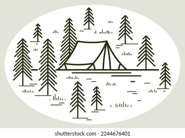 Camping tent in pine forest vector linear illustration isolated on white, holidays and vacations in woods line art, design wanderlust drawing.