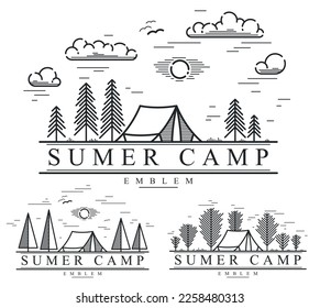 Camping tent in pine forest vector linear emblem isolated on white, holidays and vacations in woods line art, design wanderlust logo.