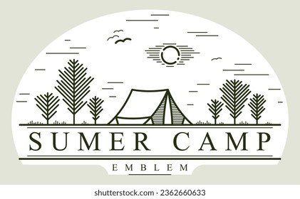 Camping tent in pine forest vector linear emblem isolated on white, holidays and vacations in woods line art, design wanderlust logo.