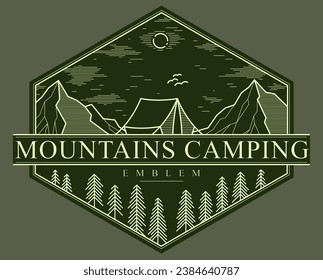 Camping tent in pine forest vector linear emblem on dark, holidays and vacations in woods theme line art drawing, design wanderlust logo.