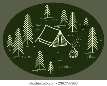 Camping tent in pine forest vector linear illustration on dark, holidays and vacations in woods theme line art drawing, design wanderlust.
