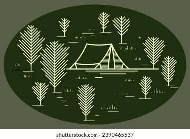 Camping tent in pine forest vector linear illustration on dark, holidays and vacations in woods theme line art drawing, design wanderlust.