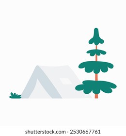 Camping tent and pine tree in flat vector illustration symbolizing outdoor camping, nature, and adventure, isolated on white background.