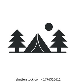 camping tent pine trees sun landscape silhouette icon design vector illustration