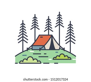 Camping tent in pine woods outline illustration. Colorful contour campsite logo isolated on white background. Linear vacation scenery with bivvy in the forest. Simple vector outline sign