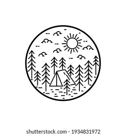 Camping tent and pines in the day illustration in mono line art, badge vector illustration, T-Shirt Art, Design Vector