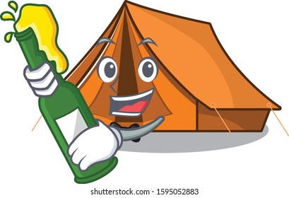 Camping tent Scroll with bottle of beer mascot cartoon style
