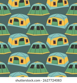Camping tent seamless pattern on dark blue background. Summer camp pattern design in hand drawn flat style for scrapbooking, textile, wrapping, banner