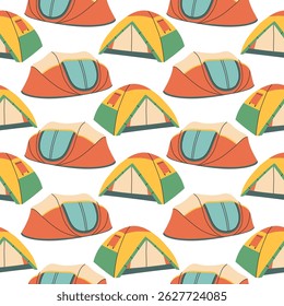 Camping tent seamless pattern on white background. Summer camp pattern design in hand drawn flat style for scrapbooking, textile, wrapping, banner