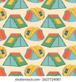 Camping tent seamless pattern on beige background. Summer camp pattern design in hand drawn flat style for scrapbooking, textile, wrapping, banner