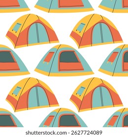 Camping tent seamless pattern on white background. Summer camp pattern design in hand drawn flat style for scrapbooking, textile, wrapping, banner