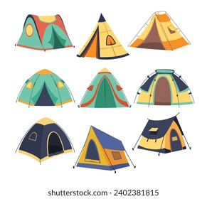 Camping tent set collection, Mountaineering tents. Military and tourist tent for camping or army expedition, Hiking, hunting, fishing canvas. Tourist Tent, campsite canopy dome, landscape fields.