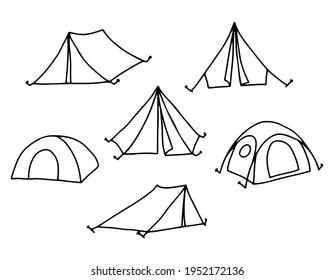 Camping tent set. Hiking, travel, camping.  Camping equipment for camping. Drawn by contour on a white background in doodle style. Vector.